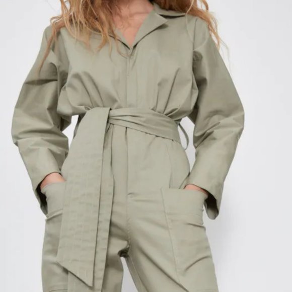 NWT Zara Khaki Green Long Belted Jumpsuit XXL - Picture 3 of 13
